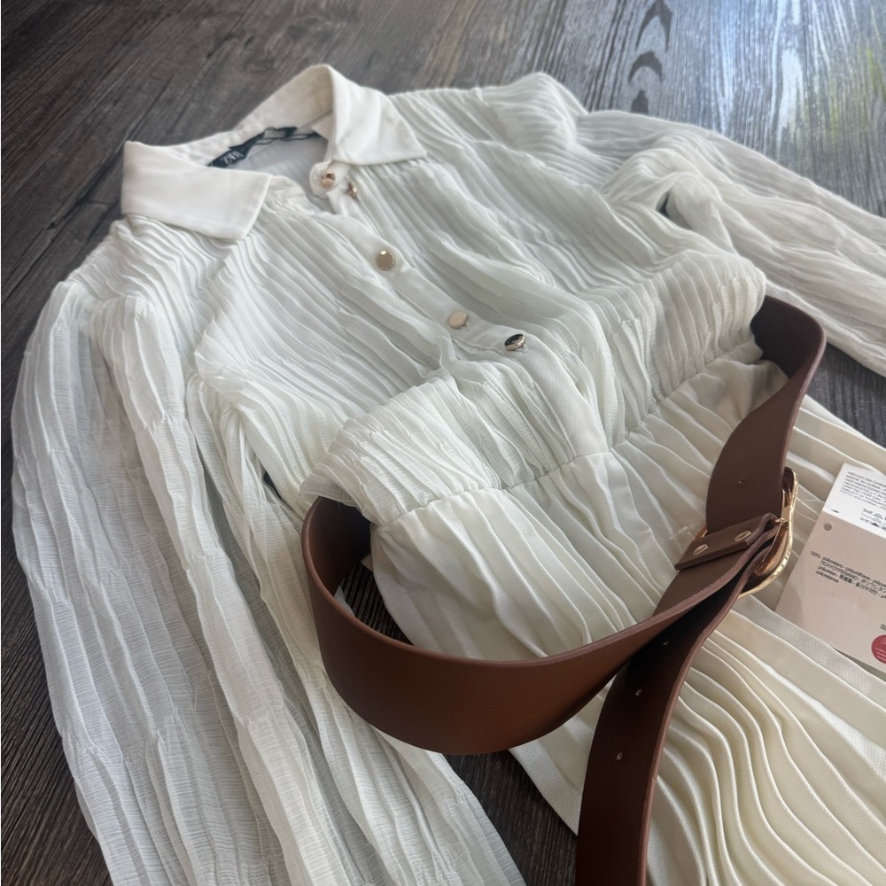 Zara Cream Long Sleeve Pleated Dress - Picture 7 of 8